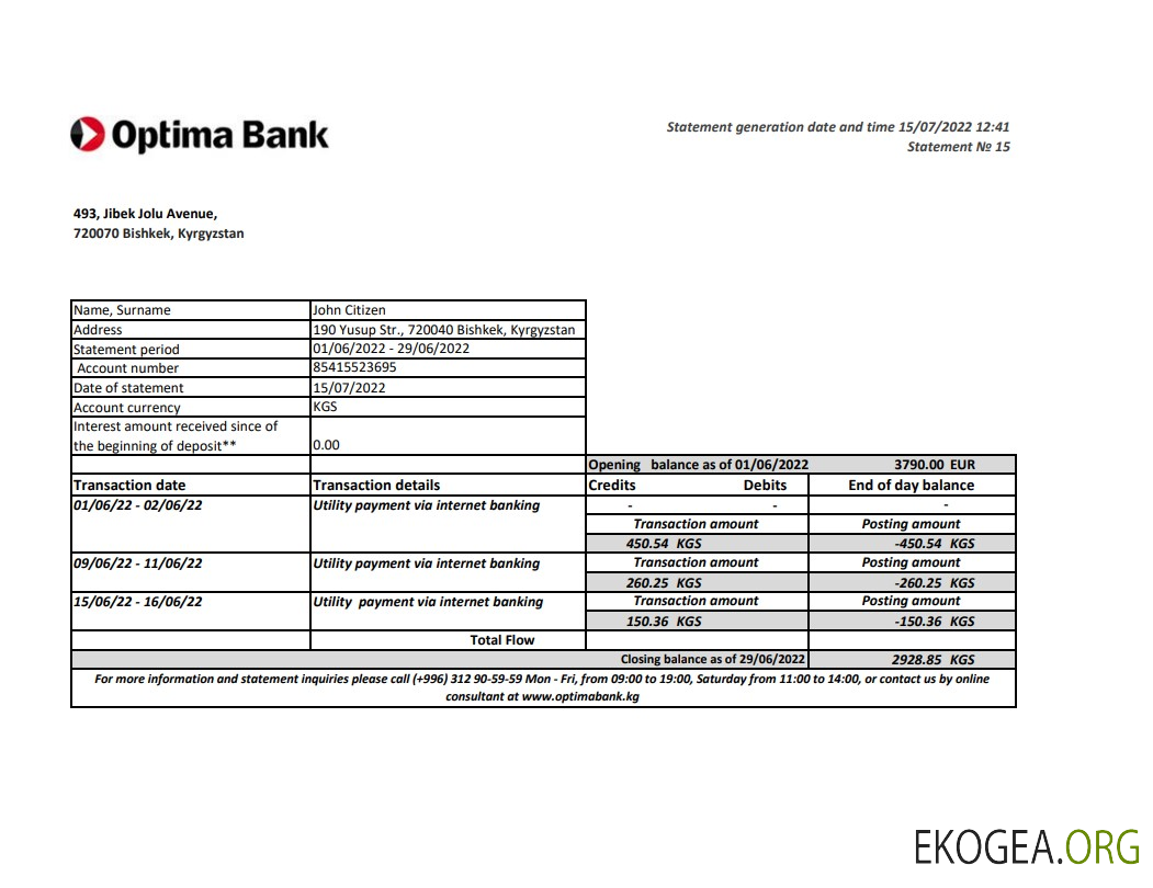 Kirghizistan Relevé Optima Bank xls